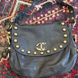 Just Cavalli Black Leather Shoulder Bag with Gold Accents